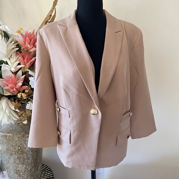 Carole Wren Jackets & Blazers - Carole Wren Tan Beige Blazer with Gold Buttons 3/4 Sleeve Career Office Chic XL